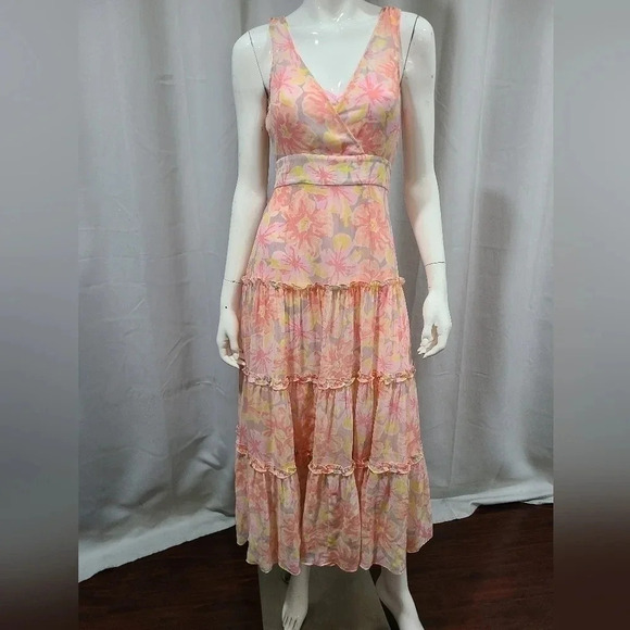 LIKELY Womens‎ Size 0 Rachel Floral V-Neck Tiered Ruffle Maxi Dress $278 Peach - Picture 4 of 12